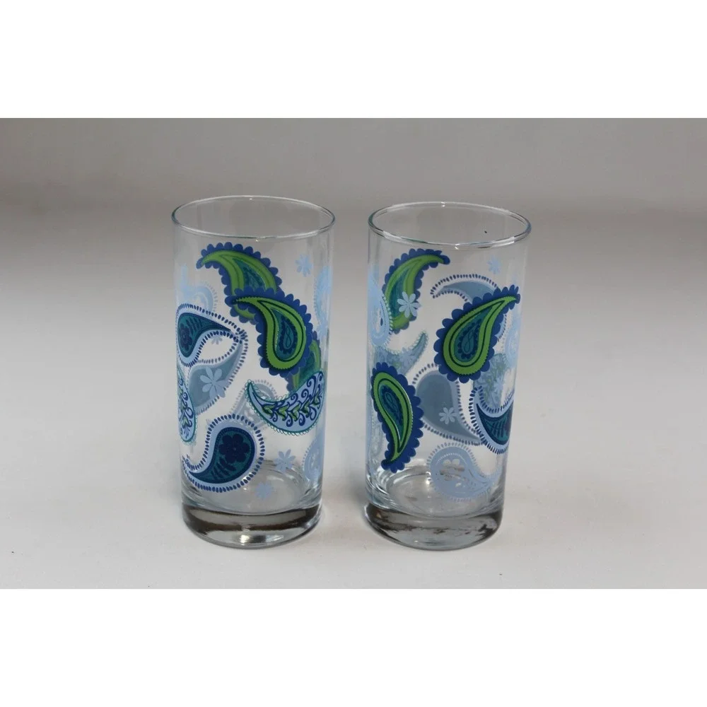 Vtg CRISA Libbey Blue Green Paisley 2 Drinking Glasses Tumblers 6